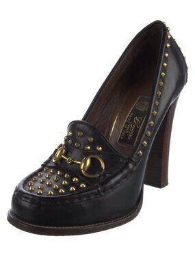 Gucci Horsebit Accent Leather Pumps with Gold Studs Black Size 40 US 9.5/10